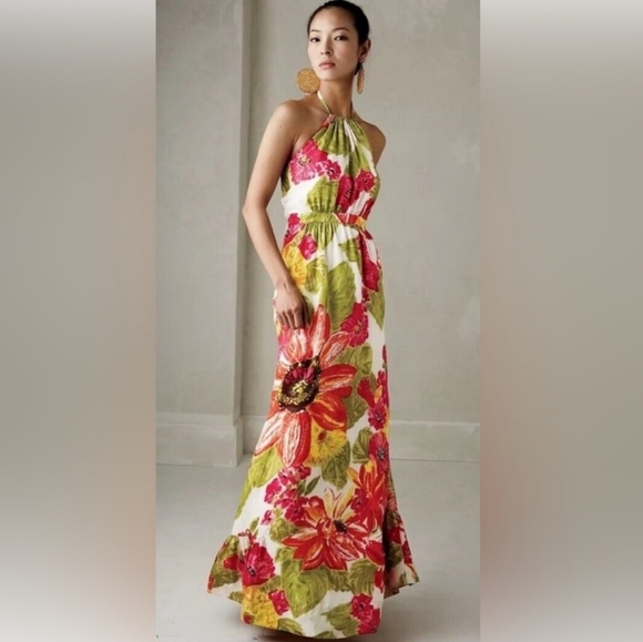 Anthropologie, New, LIL Manambe Tropical Floral Silk Halter Maxi Dress Size 4 - Picture 1 of 14